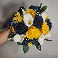 Yellow Navy Blue Rose Calla Lily Sola Wood Bridal Wedding Bouquet Accessories