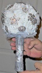 Bridal Bouquet Silver Clear Gem Brooch Pin Bling White Latex Roses Satin Tulle