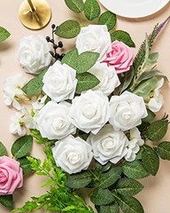 25Pcs White Artificial Roses Flowers with Stems – Real Touch