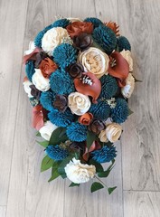 Teal & Burnt Orange Bride Bouquet Sola Wood Cascade Calla Lily Wedding Flowers