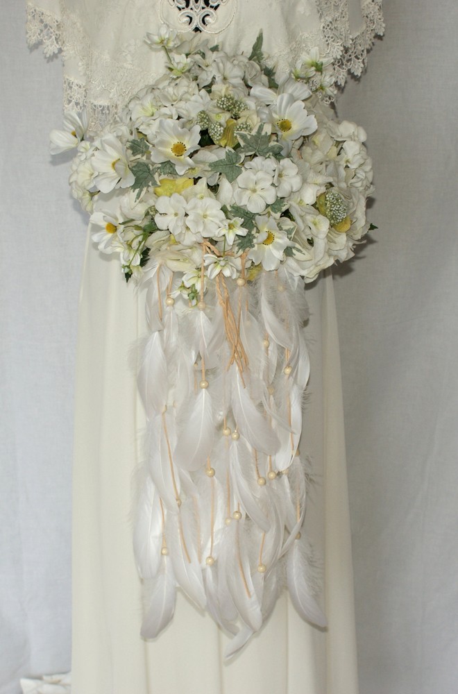Feather and Flower Gypsy Boho Silk Wedding Bouquet