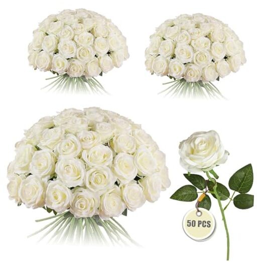 50PCS Artificial Silk Roses Flowers – Realistic Fake Roses in Bulk & White