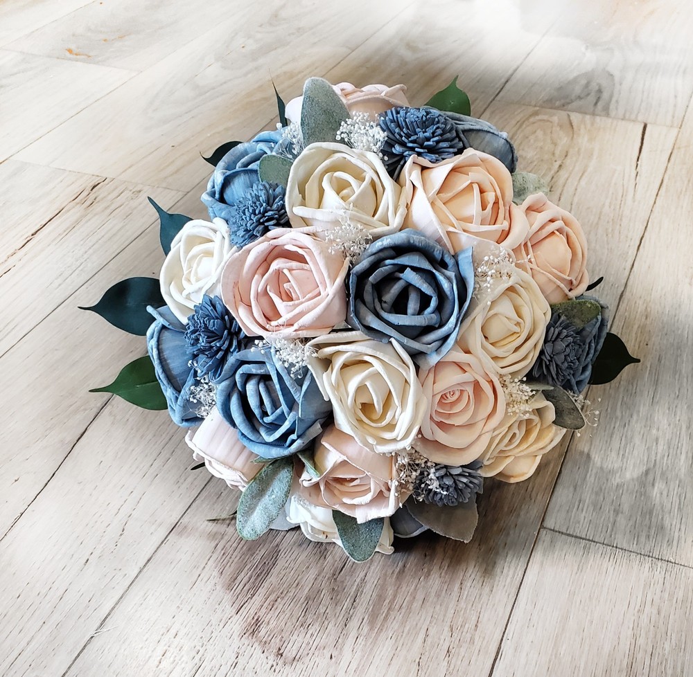 Blush Pink & Dusty Blue Rose Bridal Bouquet Sola Wood Bridesmaid Wedding Flowers