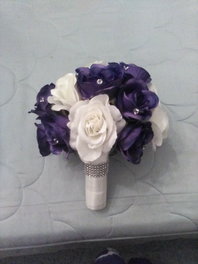 9 INCH WEDDING BOUQUET DARK PURPLE & WT OR AND COLOR RUSH AVAILABLE
