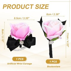 2Pcs Wrist Corsage Boutonnieres Set with Black Ribbon, Rose Pink