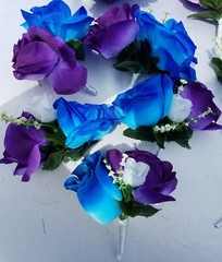 25 pc, Wedding Bouquet Package, Blue & Purple Roses, White Flower, White Ribbon