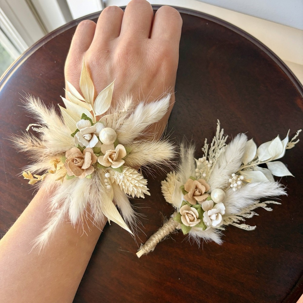 Dried Flower Boutonniere & Corsage Set Wedding Groom & Bride