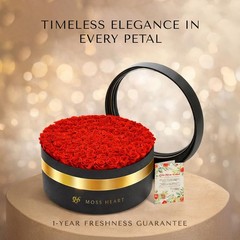 Moss Heart 100 Petite Preserved Roses, Large Round Shaped Box, 100 Red