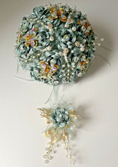 Bridal Wedding Bouquet Sea Foam Green Pearls Floral Embellished & Corsage