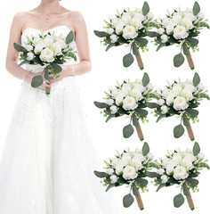 Set of 6 Bridesmaid Bouquets for Wedding – 7 Inch Artificial Ivory Flower Bouque