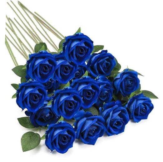 16PCS Artificial Silk Flowers Faux Roses Bouquet Long Stem for Home Royal Blue