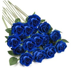16PCS Artificial Silk Flowers Faux Roses Bouquet Long Stem for Home Royal Blue
