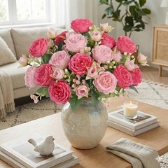 Artificial Peony Silk Flower Bouquet, Small Fake Pink Flowers Spring Mixed Pink