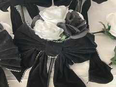 Wedding Bouquet Set, Black & White Roses, Black Velvet Bows, 21 Pc Flowers