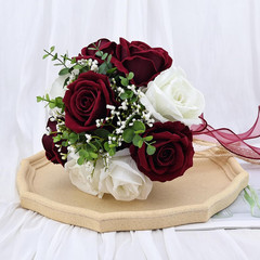 9in Wedding Bouquets for Bride Bridesmaid, Burgundy & White Artificial Roses Flo