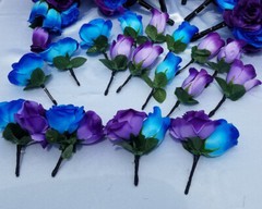 22 PC Wedding Bouquet Package, Purple & Blue & Black, Cascading Wedding Bouquet