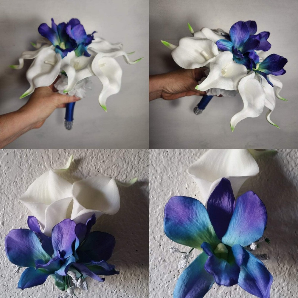 Peacock Ivory Calla Lily Galaxy Orchid Bridal Wedding Bouquet Accessories