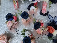 12 PC Blue,Coral,Ivory, Light Rose Wedding Bouquet Set Lace And Bling