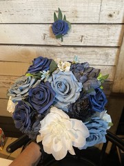 Dusty Blue, Navy and White Bridal Bouquet With Matching Boutonnière