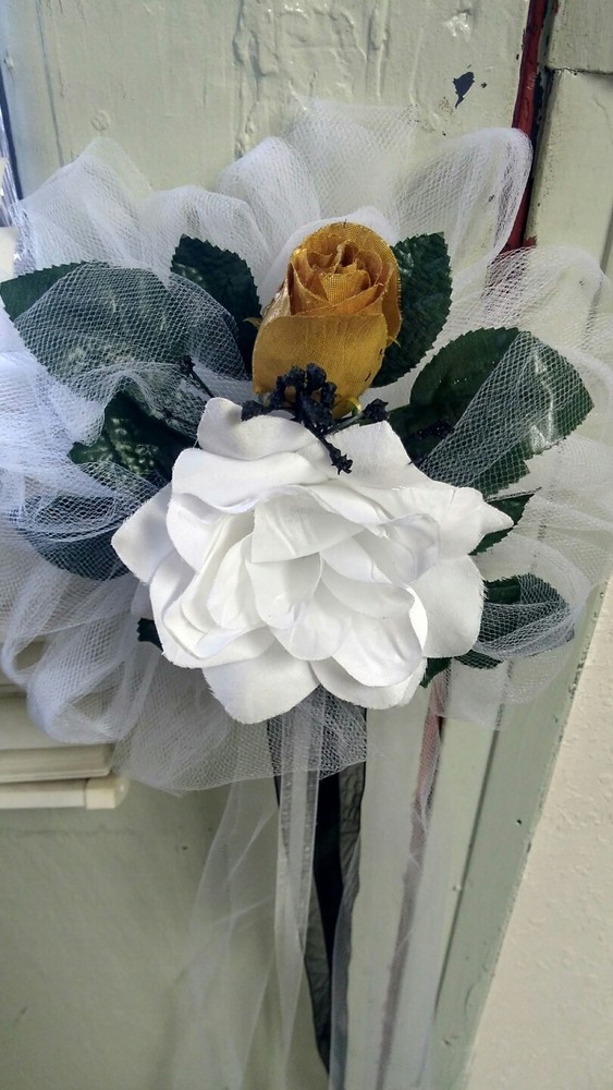 12pc wedding pew bows Gold Rose Bud & White Open Rose White Tulle RUSH AVAILAB