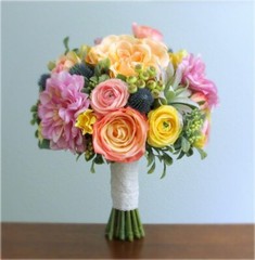 Silk Flower BRIDAL BOUQUET Pastel Rainbow Colors Dahlia Roses Ranunculus Thistle