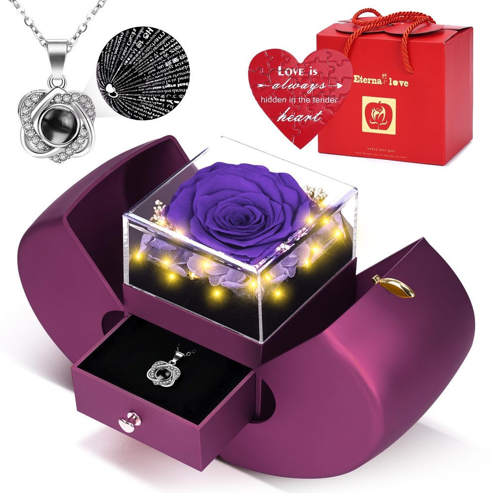 Preserved Real Rose Necklace 4.5 x 6.2 x 5.5 inches, Purple/Heart