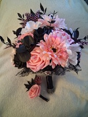 Pink Black Wedding Bouquet and Boutonniere, 2pc Set