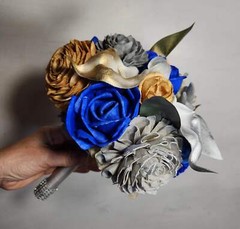 Royal Blue Silver Gold Rose Calla Lily Sola Bridal Wedding Bouquet Accessories
