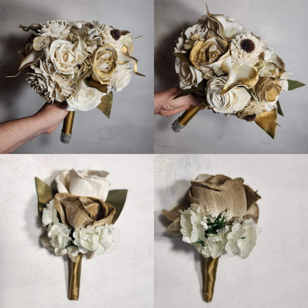 Champagne Gold Ivory Rose Calla Lily Sola Bridal Wedding Bouquet Accessories
