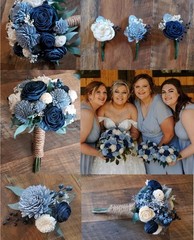 Navy Dusty Blue White Bridal Bouquet Sola Wood Eucalyptus Cascade Bridesmaid