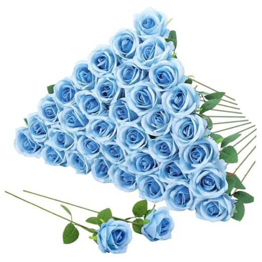 36 Pcs Artificial Roses with Long Stems, Blue Fake Silk Rose Sky Blue