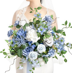 Dusty Blue Wedding Bouquets for Bride, Blue and White Bridal Bouquets for Bride,