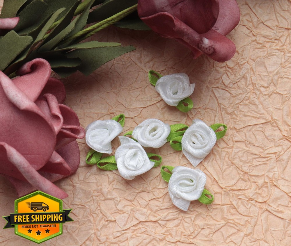 Ruwado White Satin Roses with Leaves 50 Pcs