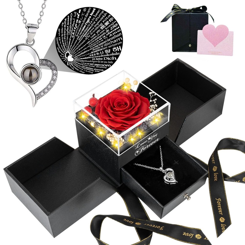 Preserved Red Real Rose, S925 Necklace with Heart I 4.7 x 4.6 x 5 inches,