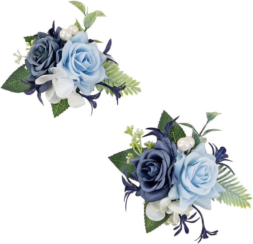 Dusty Blue Corsage and Boutonniere Set for Wedding Prom, Artificial Rose Flower