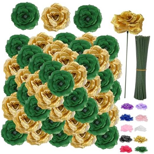 108pcs Roses Head Flowers with Stem – Emerald Green Gold Artificial Green-gold