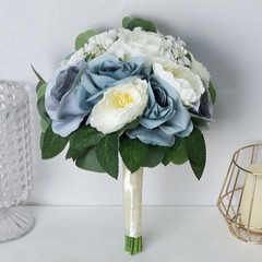 Set of 6 Dusty Blue & White Artificial Bridesmaid Bouquets 11 Inch Round Wedding