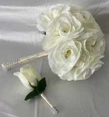 Ivory Wedding Bouquet Set with Diamonds, 2 Piece Wedding Flower Package