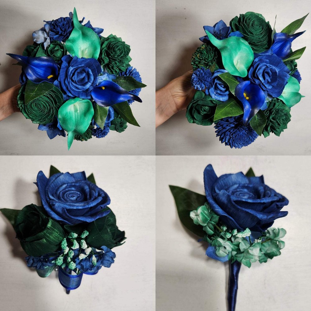 Navy Blue Hunter Green Rose Calla Lily Sola Bridal Wedding Bouquet Accessories