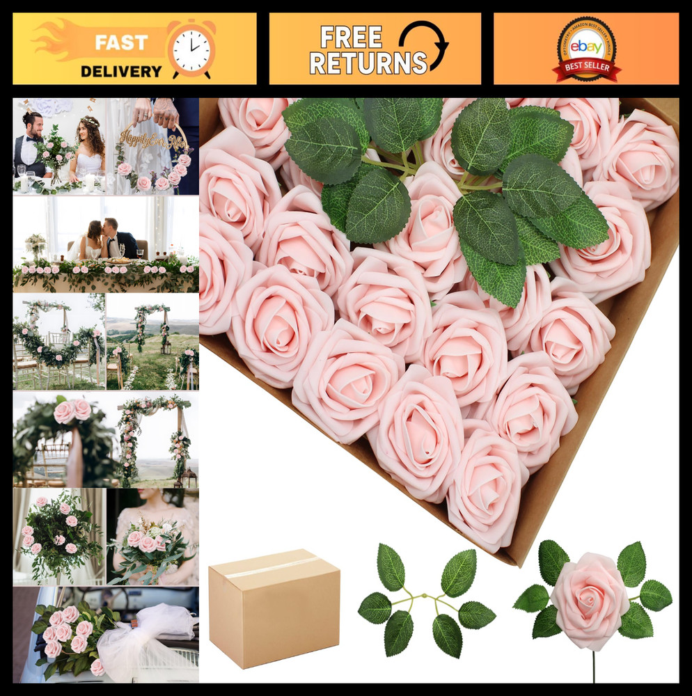 100PCS Light Pink Foam Roses with Bendable Stems & 24 Leaves – Wedding, Home, Pa