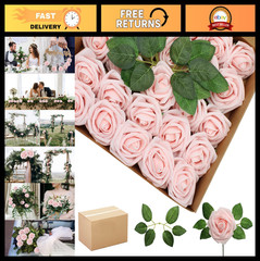 100PCS Light Pink Foam Roses with Bendable Stems & 24 Leaves – Wedding, Home, Pa