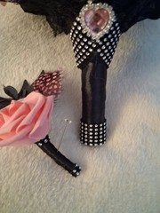 Pink Black Wedding Bouquet and Boutonniere, 2pc Set