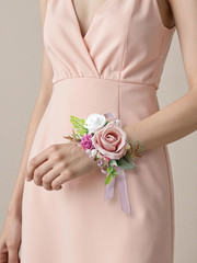 Corsage and Boutonniere Set with Pink Roses for Bride, Groom, Bridesmaids Grooms