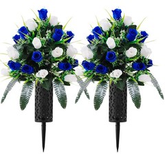 2 Sets Artificial Cemetery Flowers for Grave, Outdoor Grave White+dark Blue