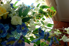 Handmade- One of a Kind Bridal Bouquet Silk, Blue, Yellow, White Cascade NEW