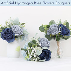 10 Silk Rose Bridesmaid Bouquets – Rustic Blue Floral Centerpieces, 7 Inch