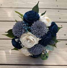 Navy Gray Sola Wood Flower Bridal Cascade Bouquet Wedding Artificial Bridesmaid