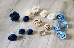 16PC Dusty Blue Tan Navy Ivory Wedding Cake Flower Set White Sola Wood Decor