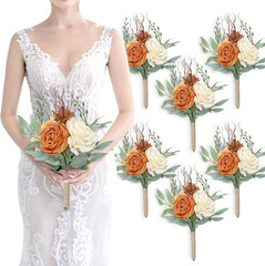 Burnt Orange & Ivory Bridesmaid Bouquet Set of 6 – Premade Floral Arrangements