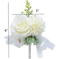 White Silk Flower Wrist Corsage & Boutonniere Set, 3 Artificial Rose and